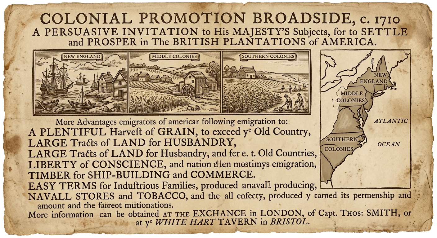 null Archival-style broadside titled 'Colonial Promotion Broadside, c. 1710' with a small woodcut showing ships, grain fields, and a plantation, plus a simple map labeling New England, Middle Colonies, and Southern Colonies.