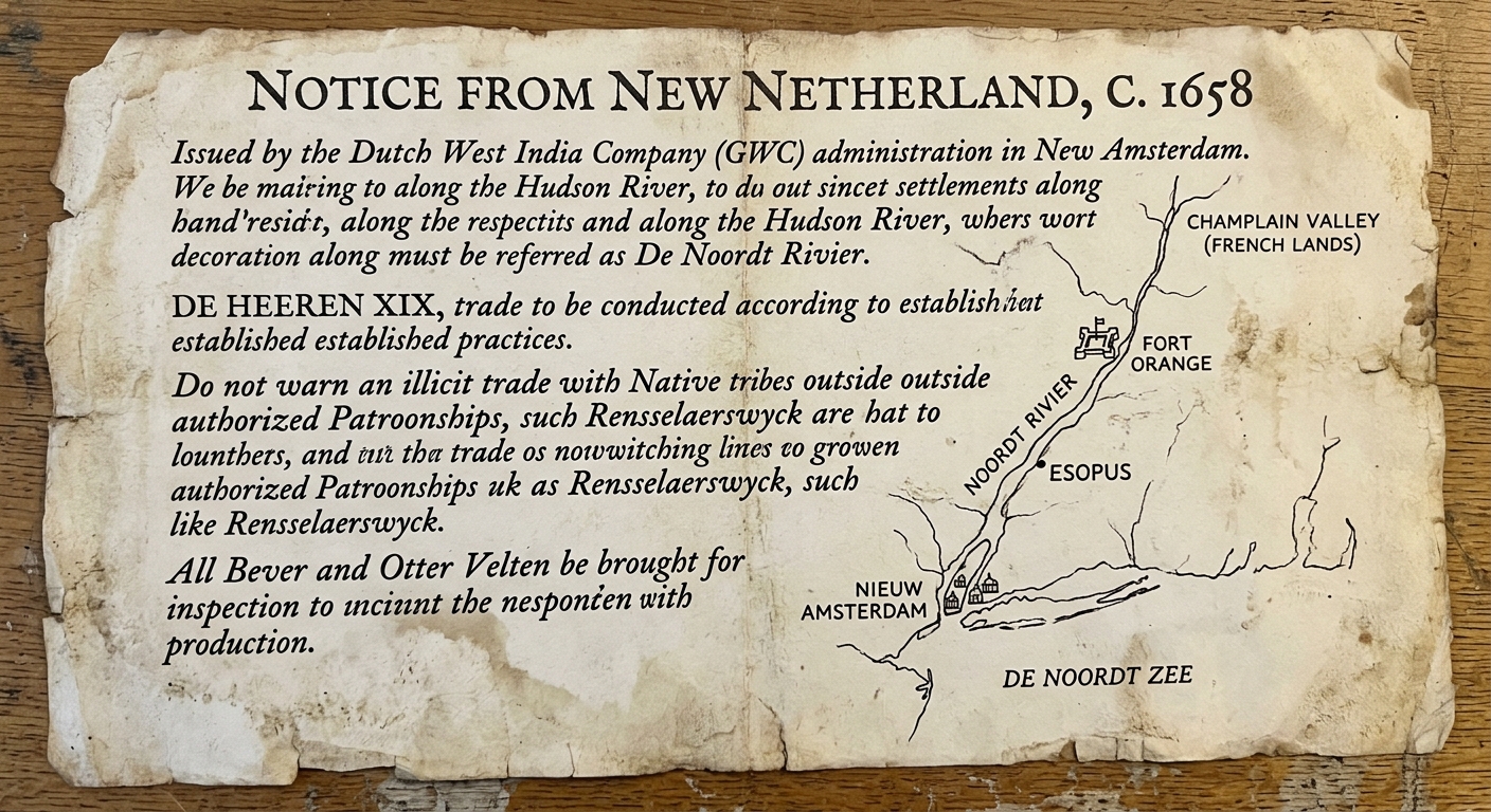 null Parchment-style facsimile titled 'Notice from New Netherland, c. 1658' with a small map of the Hudson River showing New Amsterdam and Fort Orange and notes about Dutch fur trade and nearby French settlements toward the Champlain Valley.