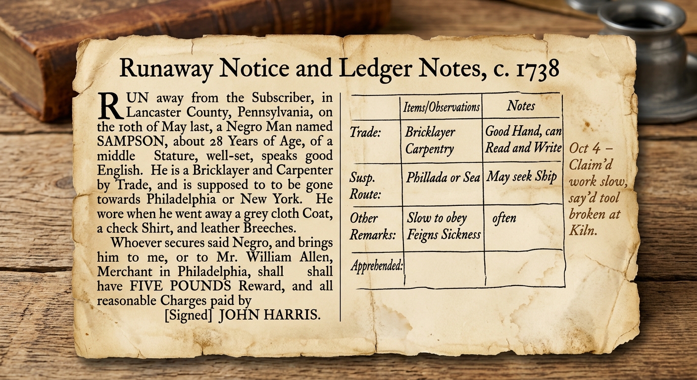 null Parchment-style facsimile titled 'Runaway Notice and Ledger Notes, c. 1738' showing a short reward notice and a margin note about slowed work or broken tools.