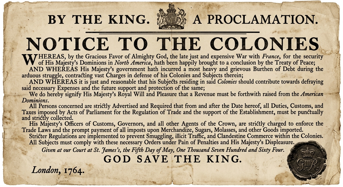 Black-and-white facsimile of an 18th-century British notice dated 1764 about raising revenue and enforcing trade duties in the American colonies after a war with France.