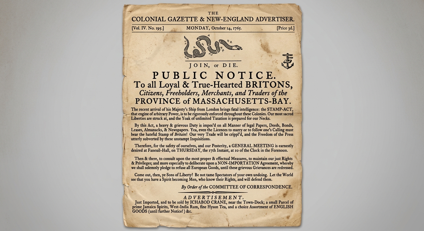 Facsimile of a fictional 1765 colonial newspaper notice about the Stamp Act and a call for protest or boycott.