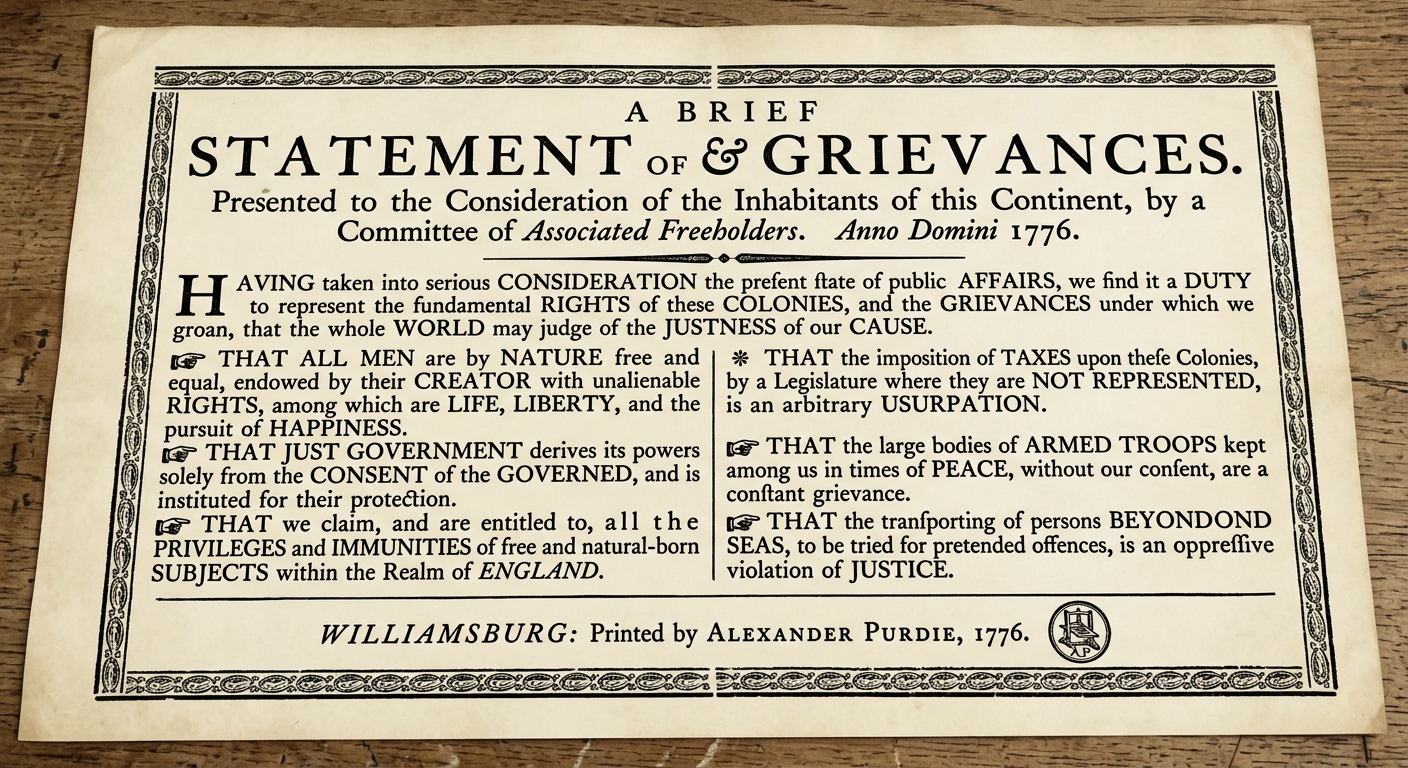 Facsimile of a fictional 1776 colonial broadside titled “A Brief Statement of Rights & Grievances,” listing natural rights and complaints about British policies.