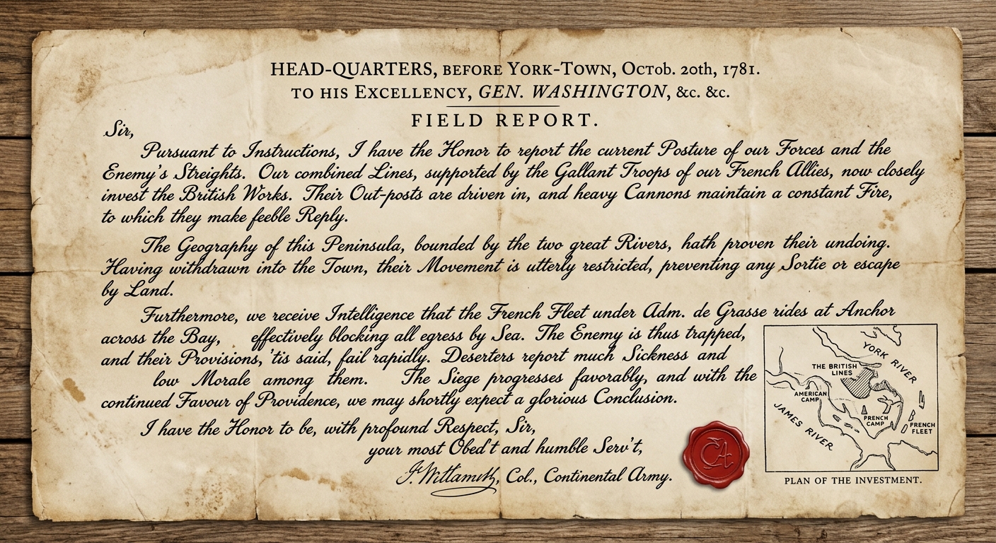 Facsimile of a fictional October 1781 Continental Army field report describing geography and French naval support in a major victory.