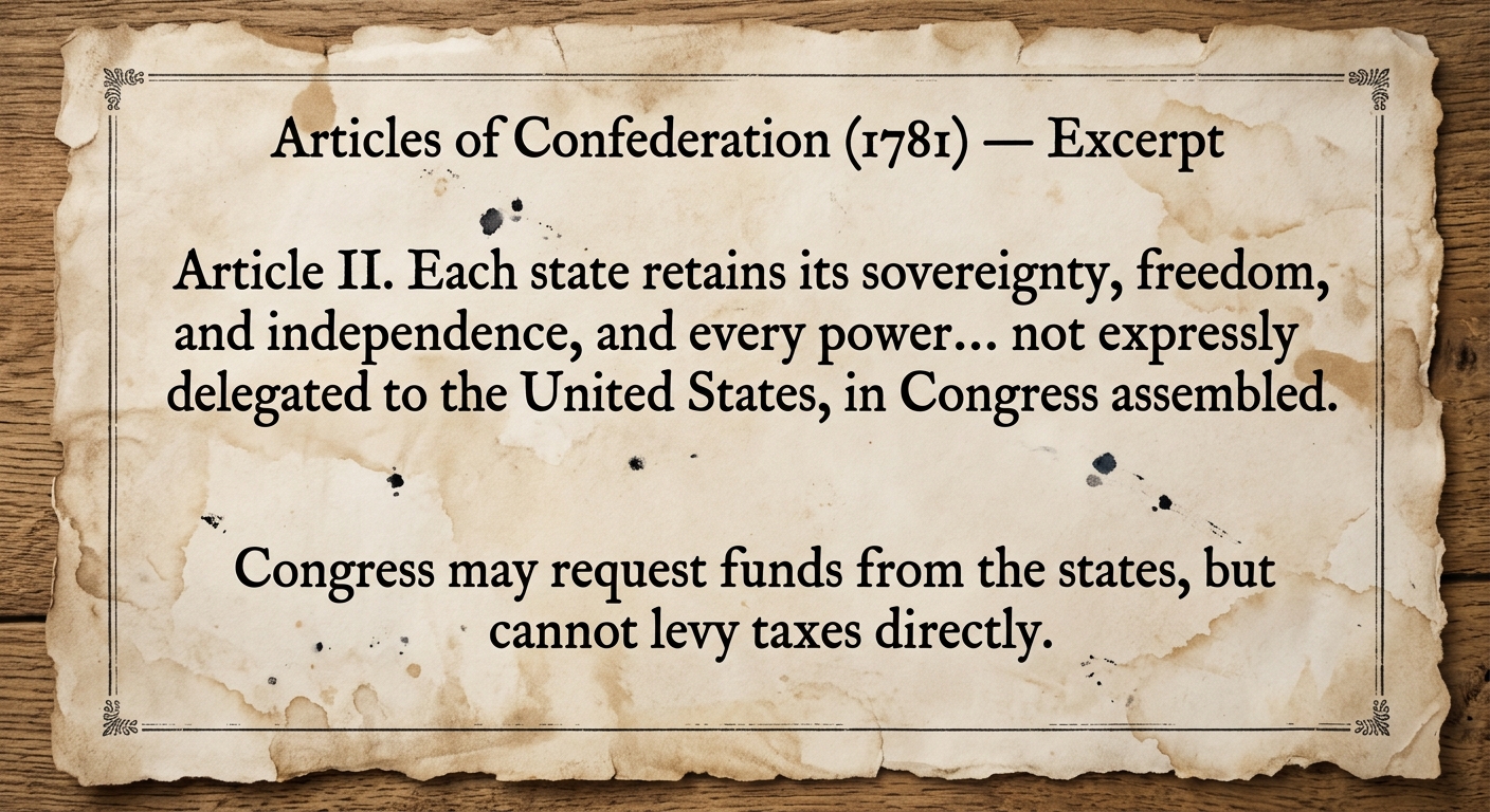 A parchment-style facsimile titled “Articles of Confederation (1781) — Excerpt,” stating that each state retains sovereignty and that Congress cannot levy taxes directly.