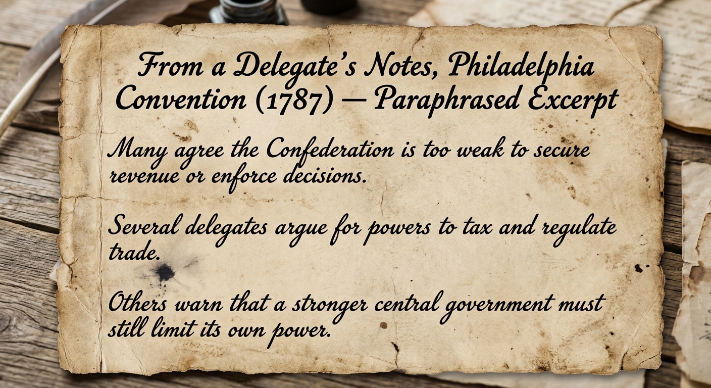 A parchment-style facsimile titled “From a Delegate’s Notes, Philadelphia Convention (1787) — Paraphrased Excerpt,” describing debates about strengthening the national government while limiting its power.