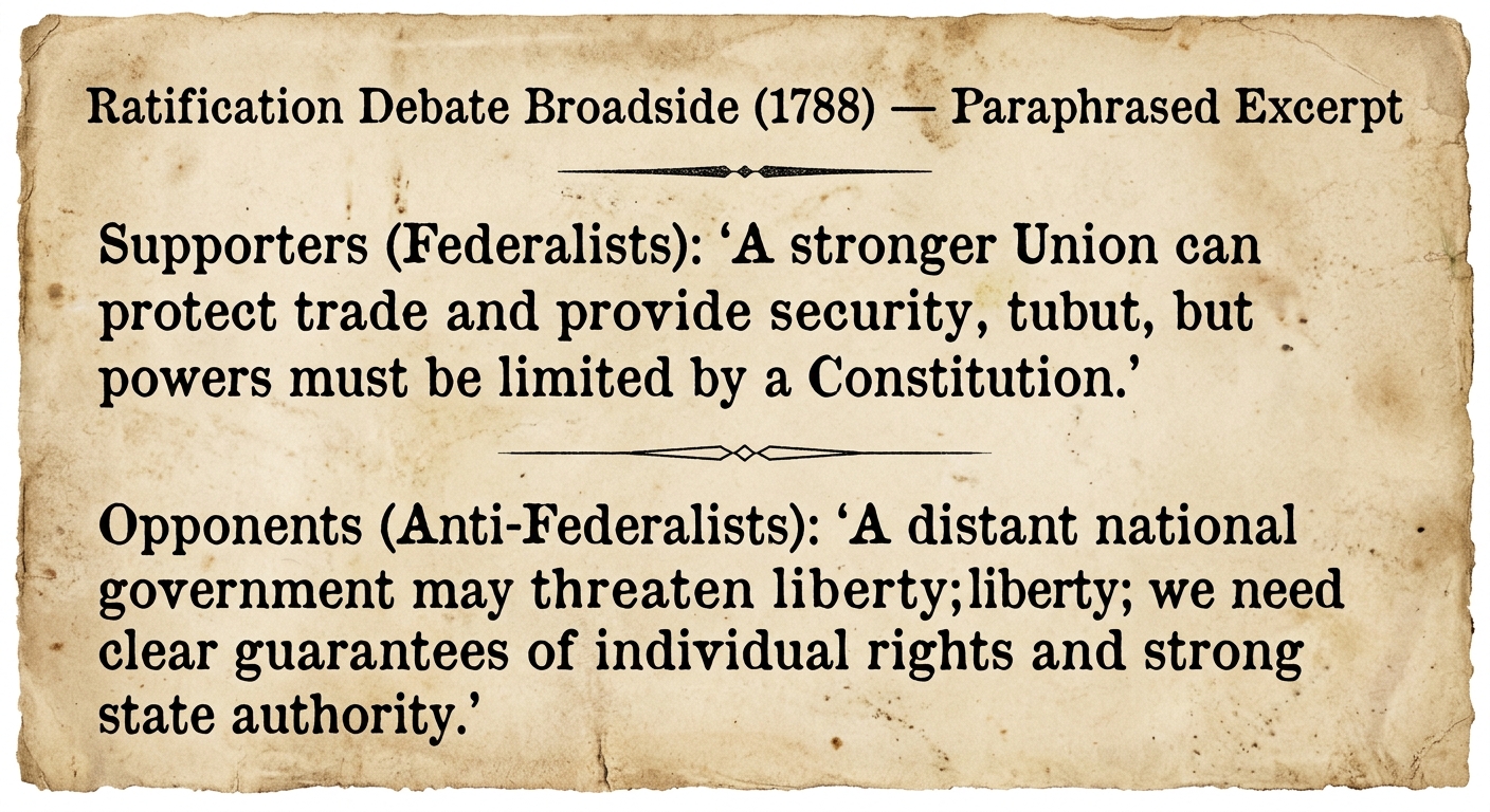 A parchment-style broadside titled “Ratification Debate Broadside (1788) — Paraphrased Excerpt,” showing Federalist and Anti-Federalist arguments about federal power, states’ rights, and individual liberties.