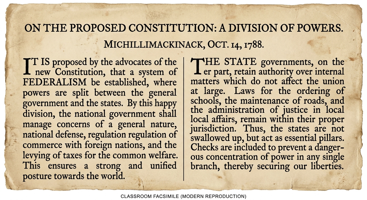 Facsimile of a 1788 printed broadside titled “On the Proposed Constitution: A Division of Powers,” showing two columns of text arguing that the Constitution shares powers between federal and state governments, with a footer noting it is a modern classroom reproduction.