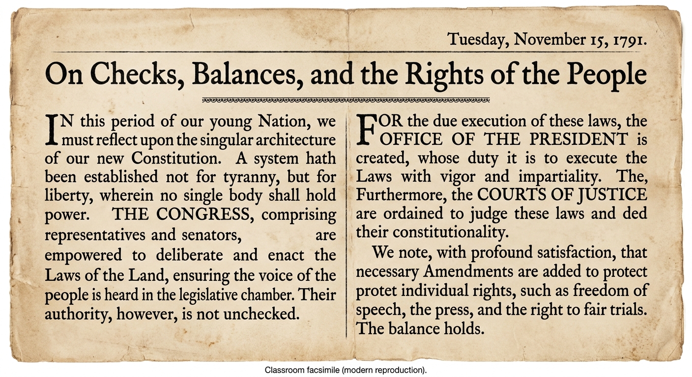 Facsimile of a 1791 pamphlet excerpt titled “On Checks, Balances, and the Rights of the People,” describing the three branches checking one another and noting amendments that protect individual rights, with a footer indicating it is a modern classroom reproduction.
