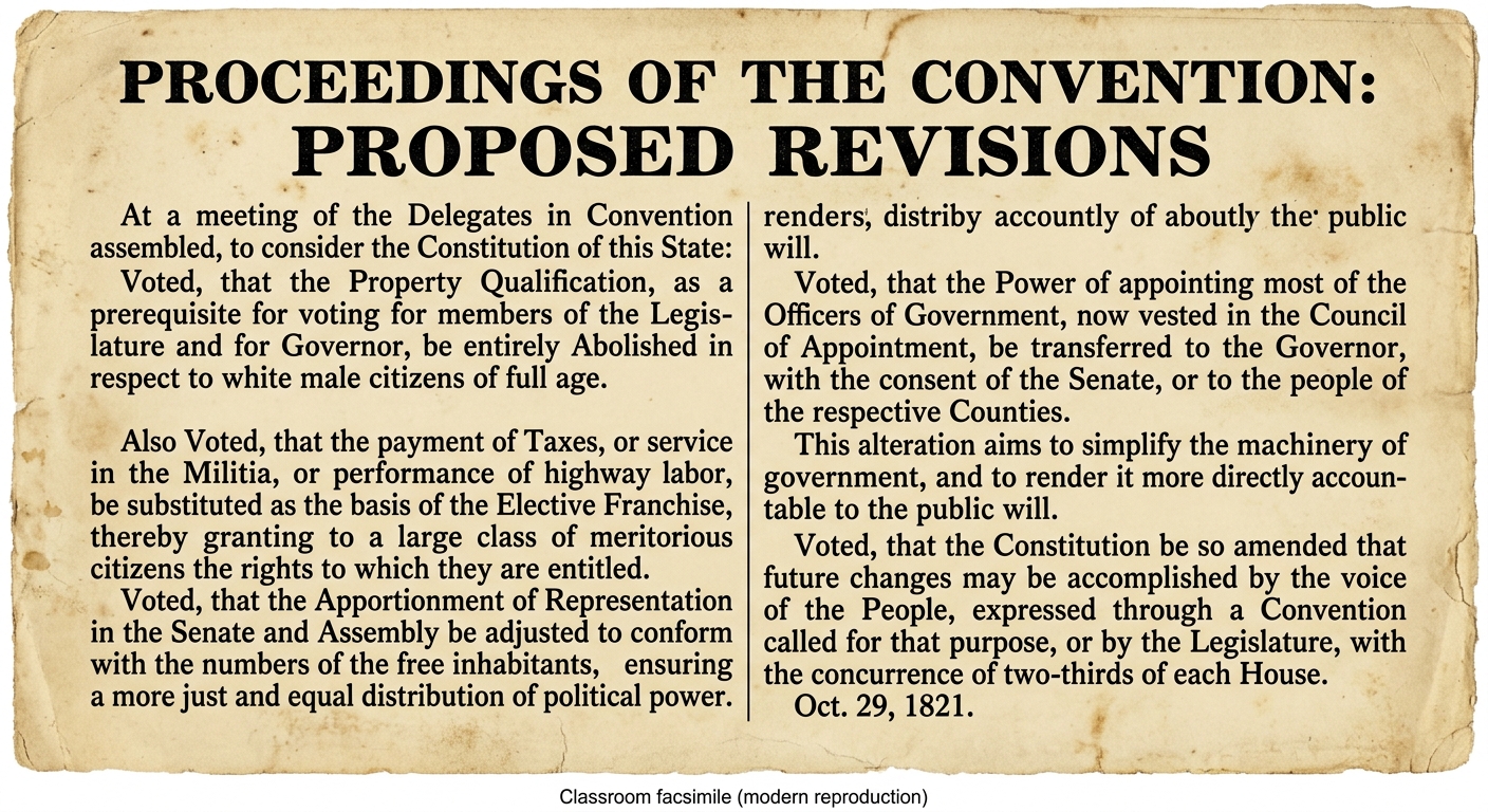 Facsimile of an 1821 New York State convention handbill titled “Proceedings of the Convention: Proposed Revisions,” describing constitutional changes such as expanding voting rights and updating representation, with a footer indicating it is a modern classroom reproduction.