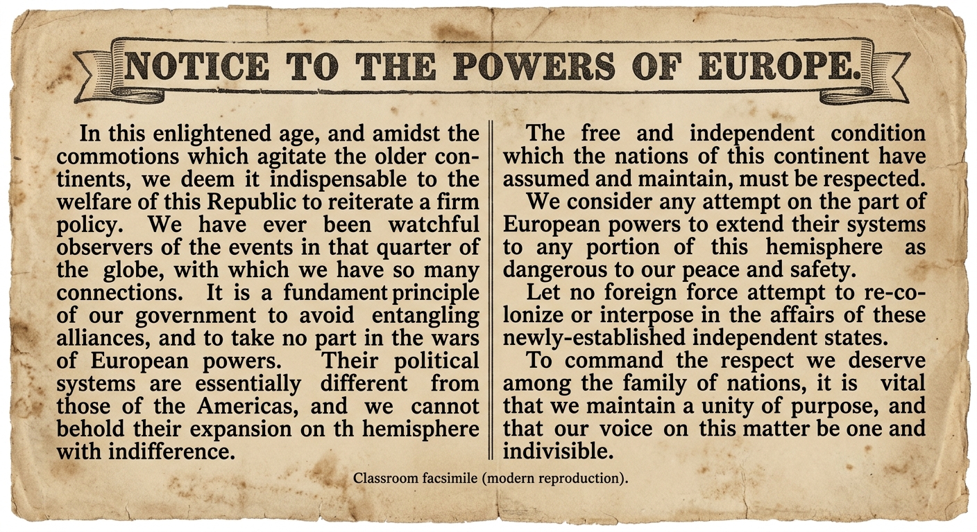 Facsimile of an 1823 newspaper editorial titled “Notice to the Powers of Europe,” stating the United States will avoid European wars but oppose European interference in the Americas, with a footer indicating it is a modern classroom reproduction.