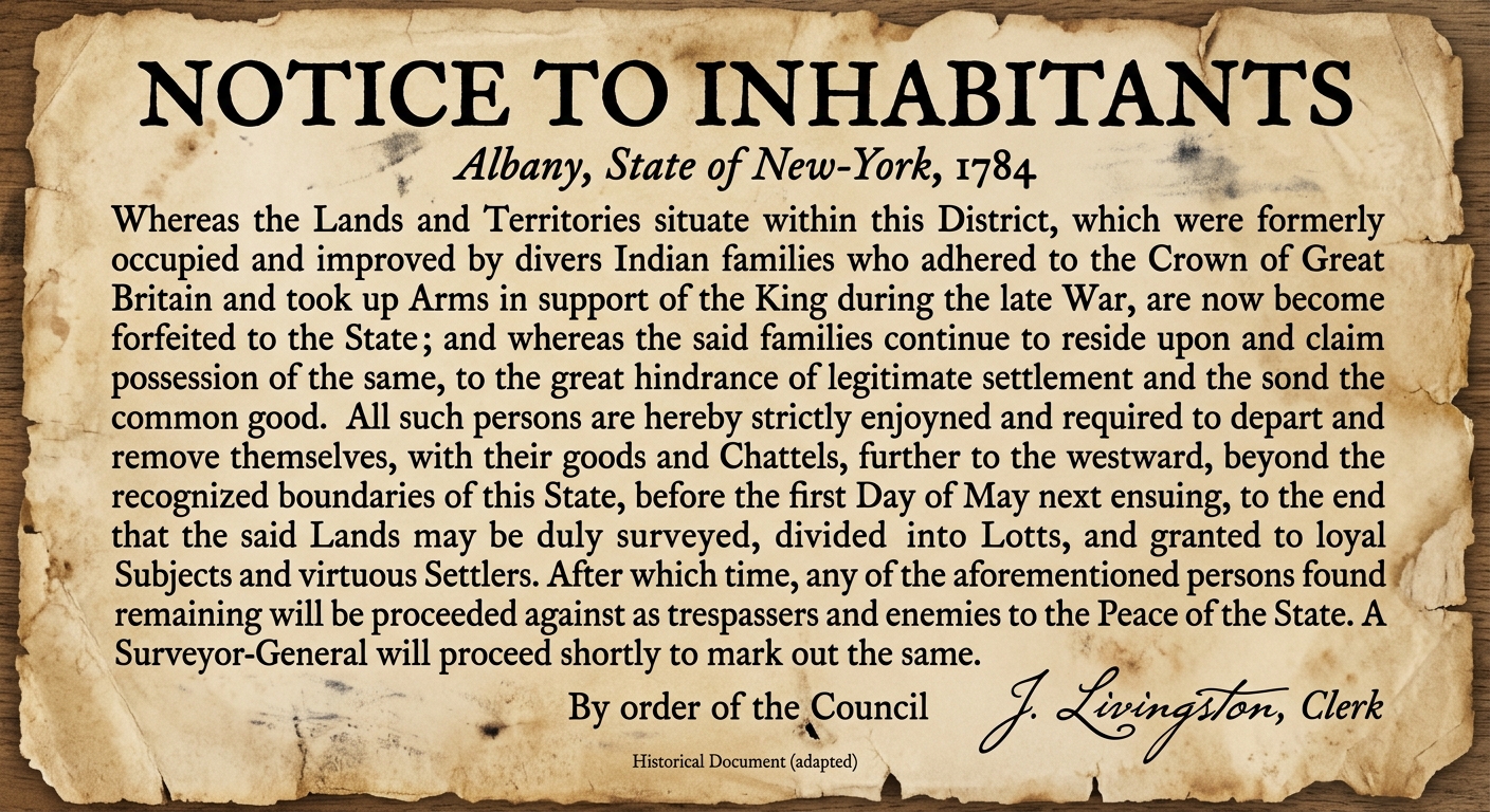 A simulated 1784 broadside titled "Notice to Inhabitants" from Albany, New York, ordering that lands used by Indian families who supported the British in the Revolutionary War be surveyed for new settlers and that those families remove westward by a deadline, signed "J. Livingston, Clerk."