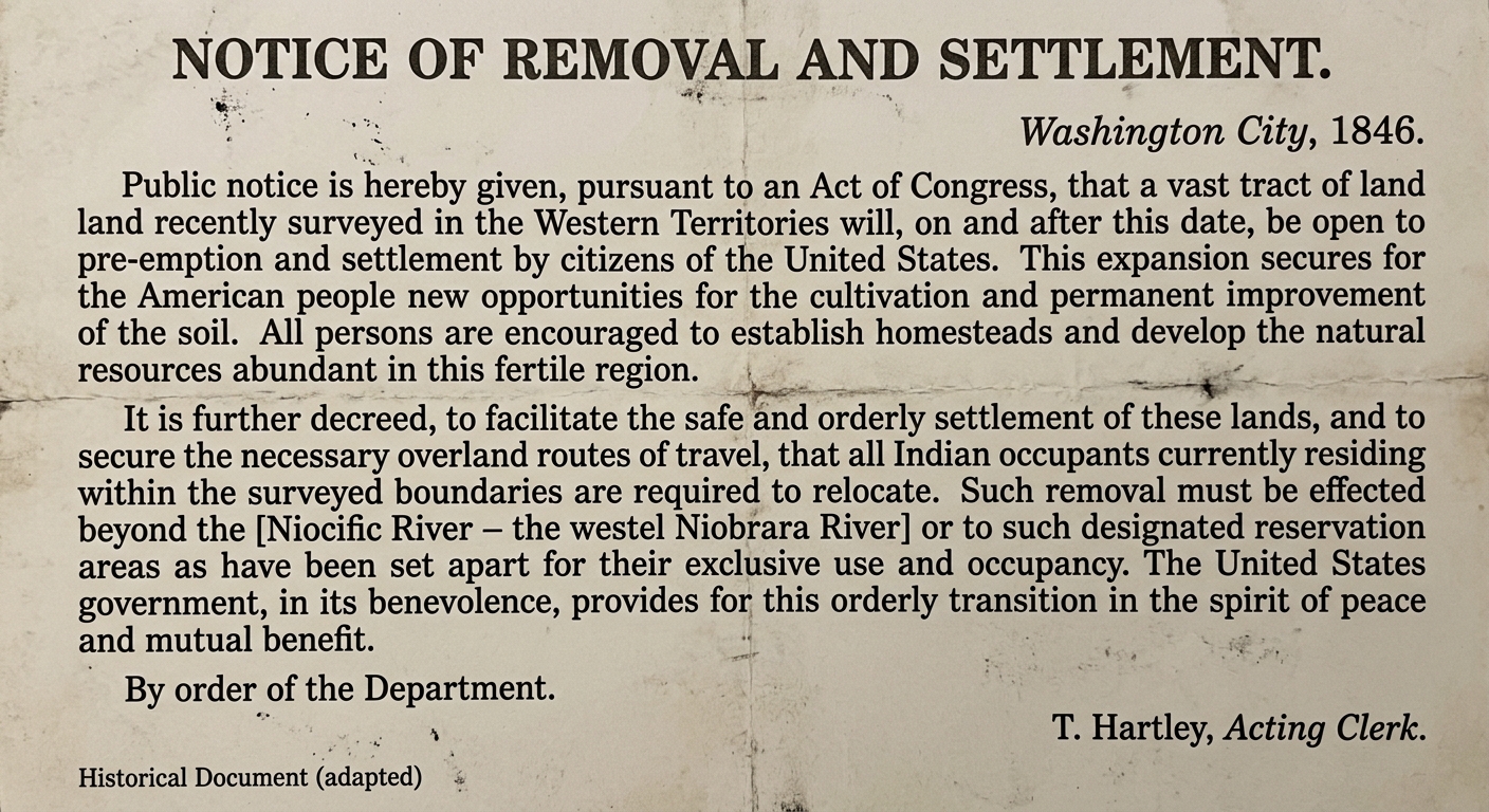 A simulated 1846 government notice titled "Notice of Removal and Settlement" from Washington City announcing western land opened to settlers and ordering Indigenous occupants to relocate beyond a river to a designated area, signed "T. Hartley, Acting Clerk."