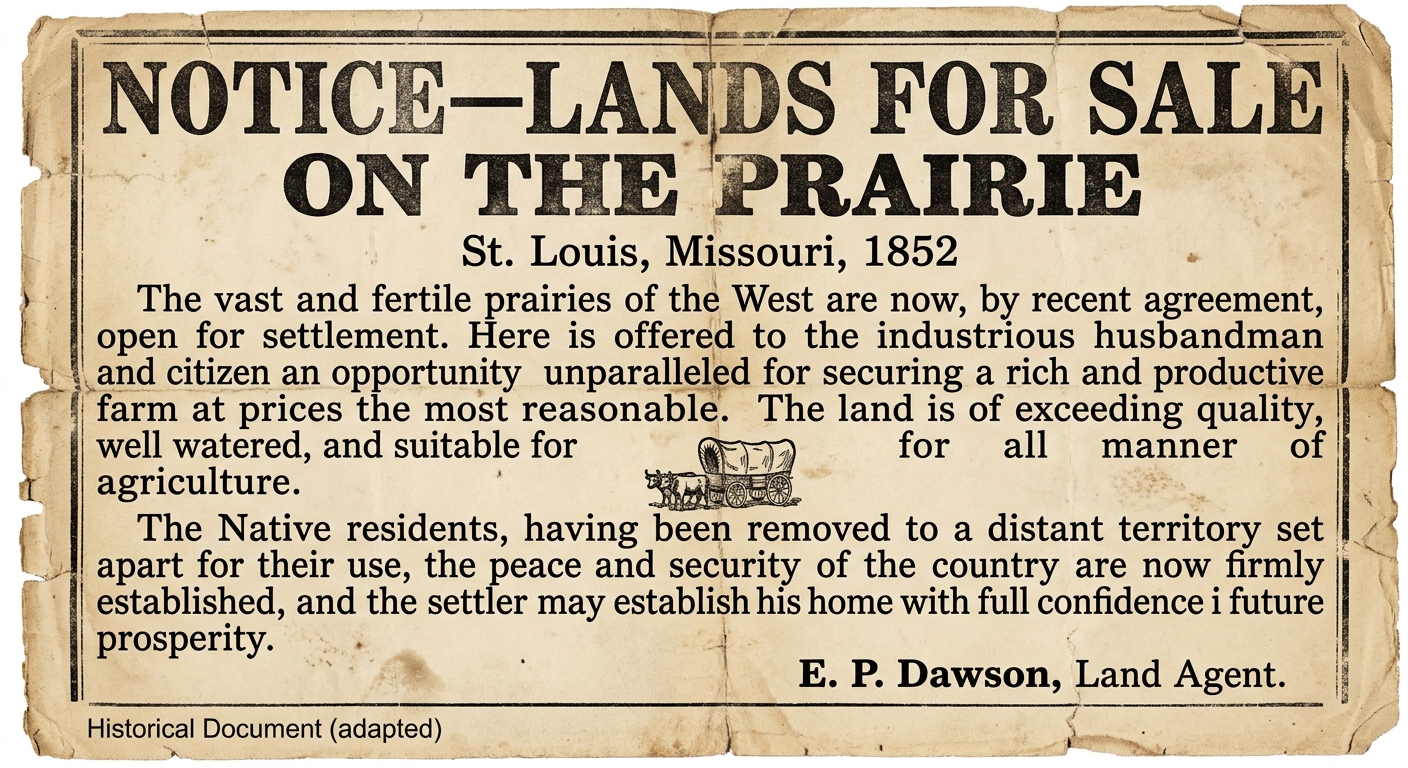 A simulated 1852 newspaper-style land sale notice from St. Louis advertising cheap prairie farmland for settlers, noting the area is open after an agreement and that Native residents have been removed to a distant territory, signed by a land agent.
