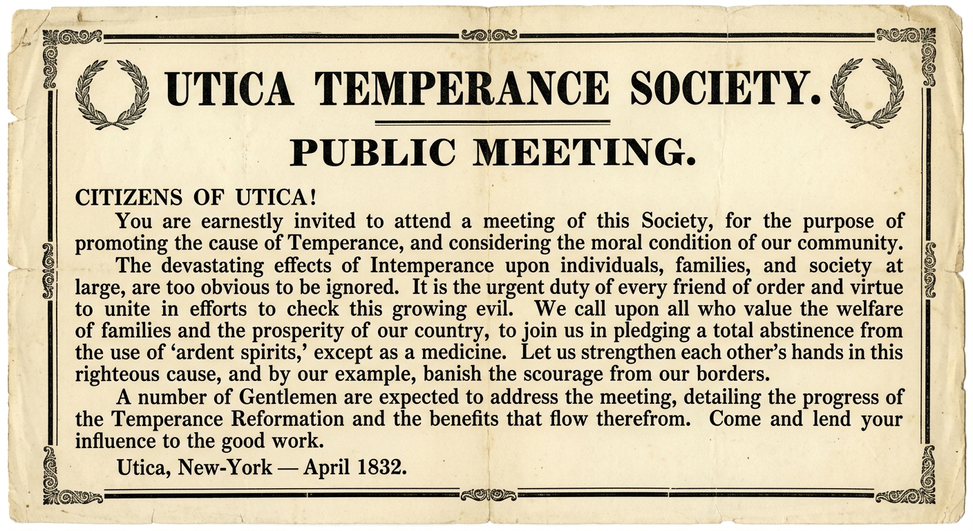 null A black-and-white 1832 temperance society broadside from Utica, New York, announcing a public meeting for moral reform.