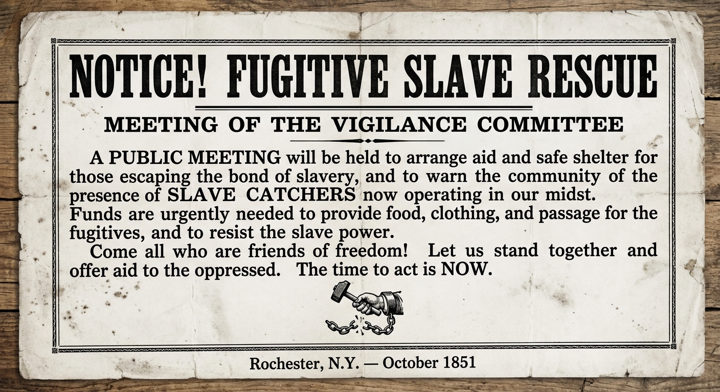 null A black-and-white 1851 abolitionist broadside from Rochester, New York, announcing a meeting to help a fugitive enslaved person and resist slave catchers.