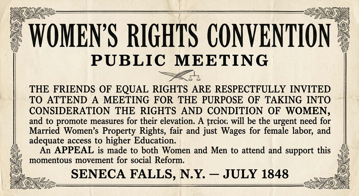 null A black-and-white 1848 women’s rights convention broadside from Seneca Falls, New York, inviting the public to discuss women’s property rights, education, and fair wages.