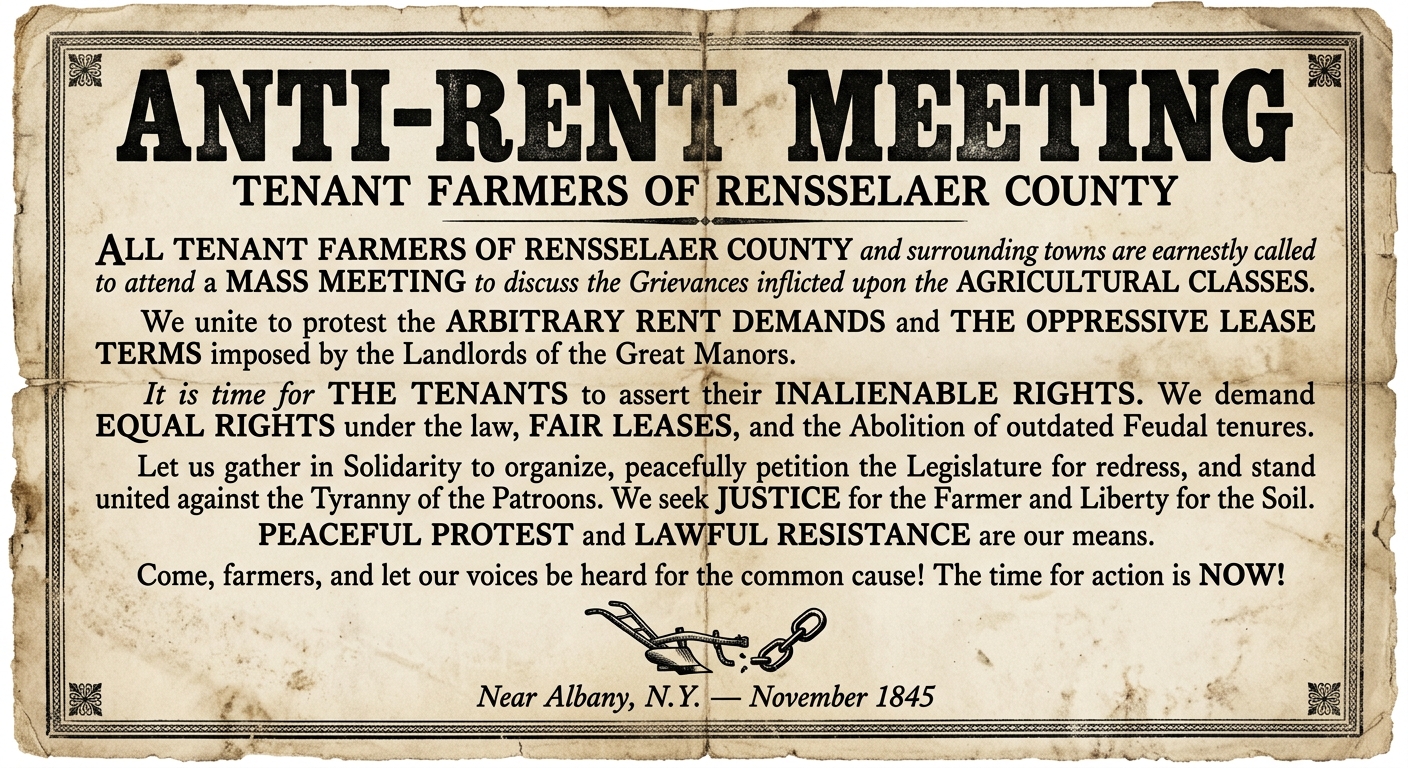 null A black-and-white 1845 Anti-Rent movement broadside from near Albany, New York, calling tenant farmers to a meeting to protest unfair rent and landownership.