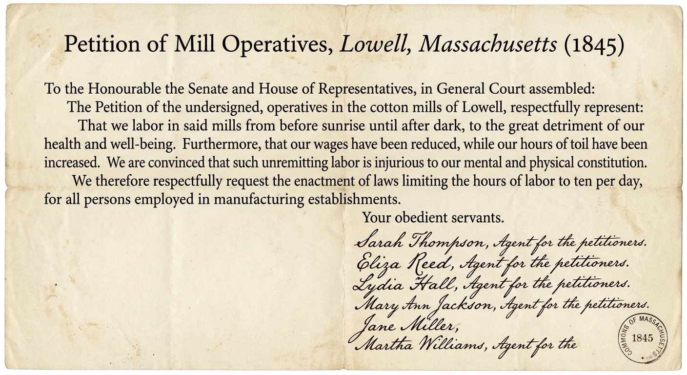 Facsimile of an 1845 petition from Lowell, Massachusetts mill workers asking for laws to limit work hours; aged paper with a title, short paragraph text, and several signatures at the bottom.
