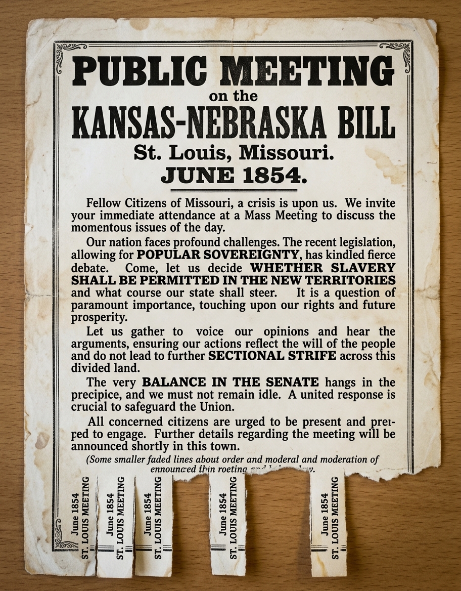 Facsimile of an 1854 broadside advertising a public meeting about the Kansas–Nebraska Bill, discussing popular sovereignty and whether slavery would be permitted in new U.S. territories.