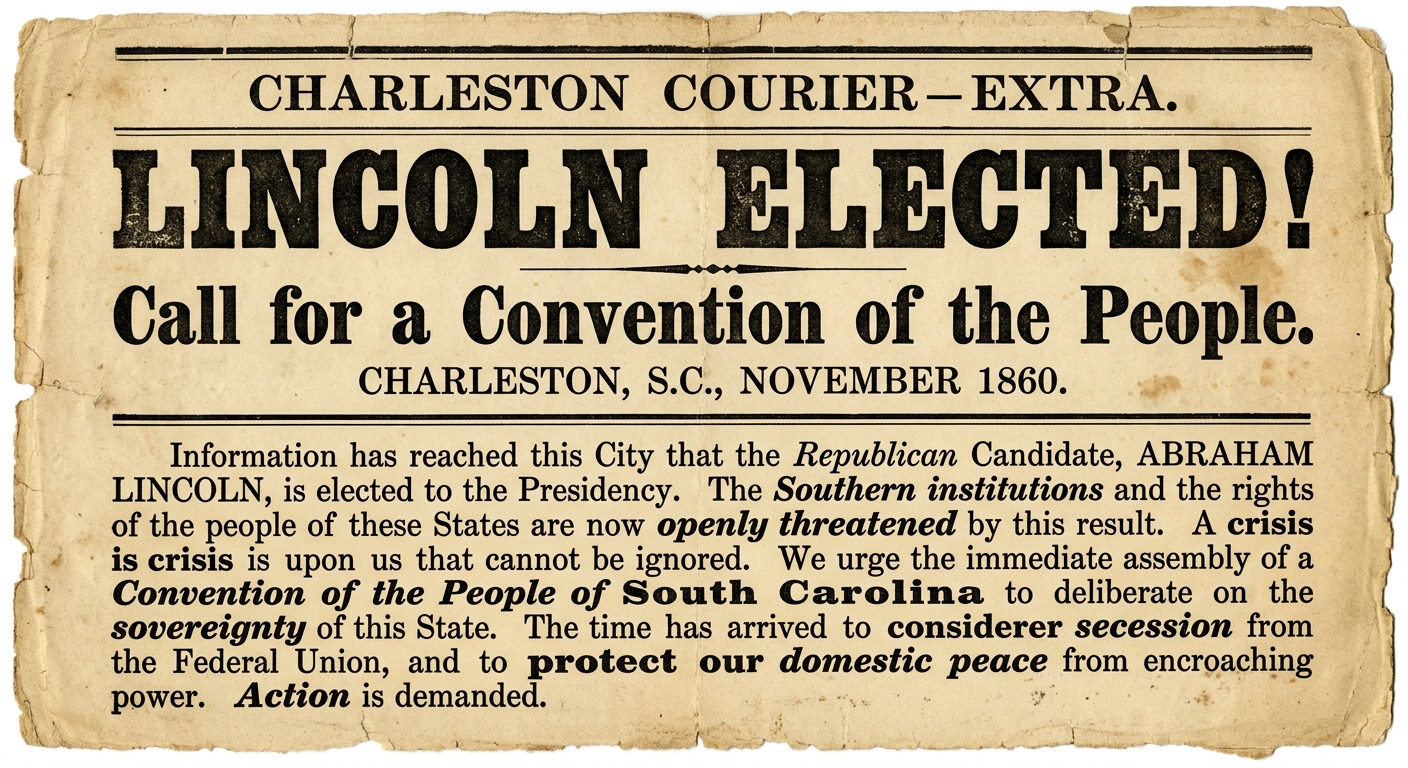 Facsimile of an 1860 newspaper extra from Charleston reacting to Lincoln’s election and urging a convention to consider secession; black ink text on aged paper with a bold headline.
