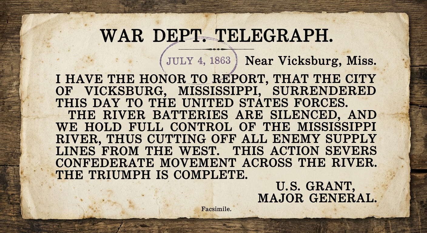 Facsimile of a Civil War telegraph dispatch dated July 4, 1863 from near Vicksburg reporting the city’s surrender and noting control of the Mississippi River and supply lines.