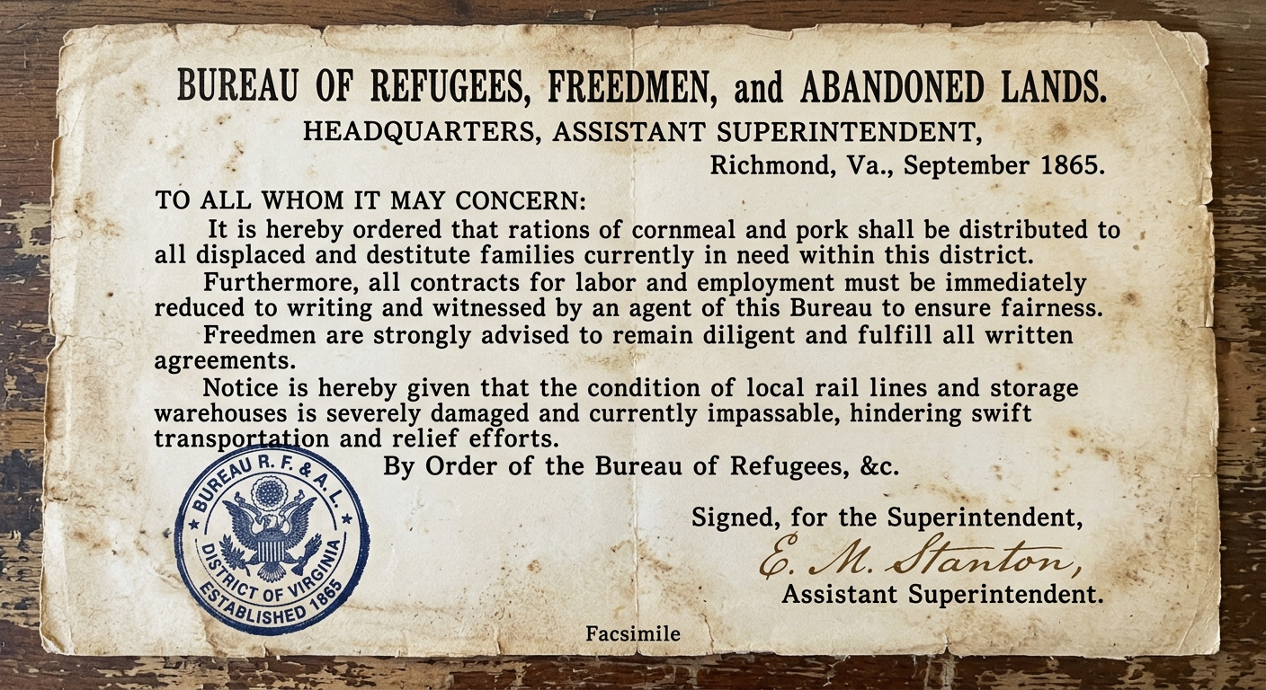 Facsimile of an 1865 Freedmen’s Bureau field office notice from Richmond about distributing rations, requiring labor contracts, and rebuilding after war damage.