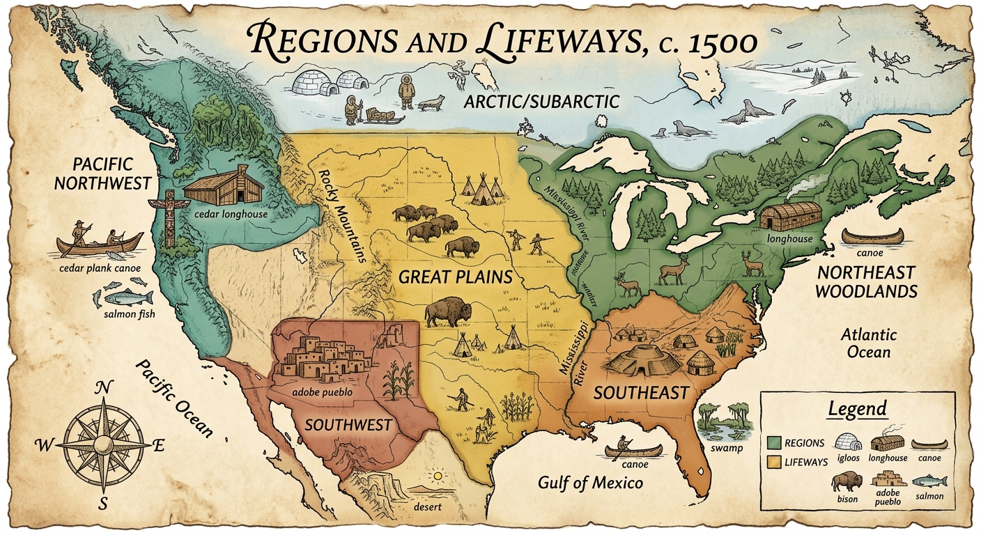 Hand-drawn map of North America showing six cultural regions and icons for climate-based adaptations (igloo, longhouse, canoe, bison, pueblo, salmon), with a compass rose and legend.