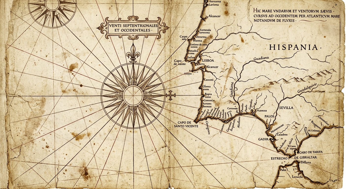 Parchment-style portolan sea chart with a compass rose, rhumb lines, and coastal place names, showing an Iberian coastline and the Atlantic.