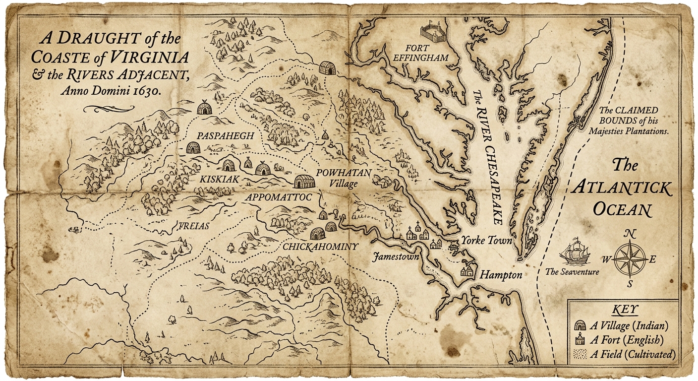 Hand-drawn colonial-era map showing coastal settlements, inland Indigenous villages, a river, and a legend for villages, fields, and a fort.