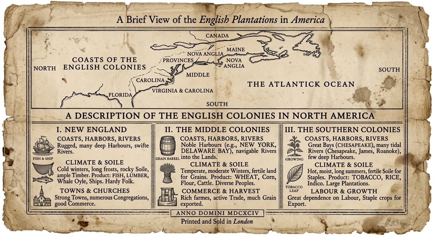 Aged-paper colonial document comparing northern, middle, and southern colonies with simple coastline sketch and icons for fishing, grain, and tobacco.