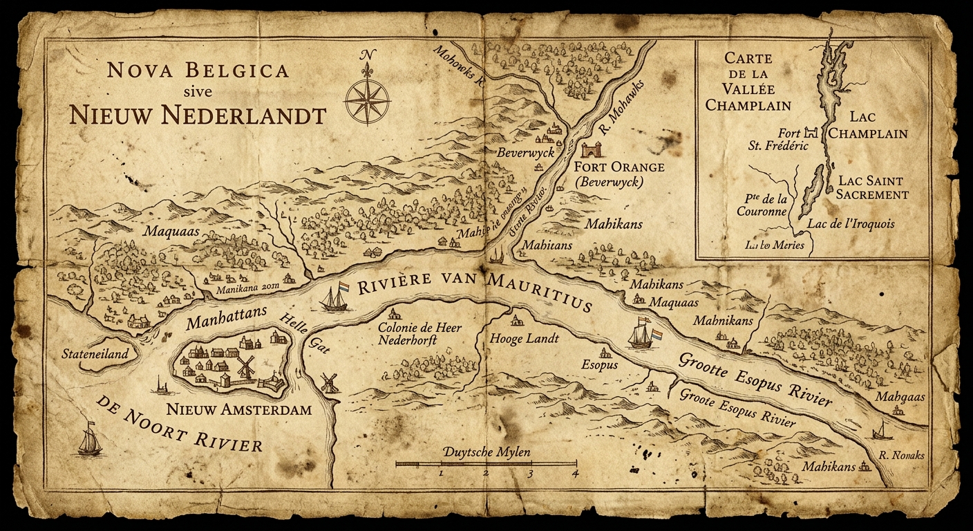 Aged parchment colonial map showing Dutch settlements along the Hudson River and an inset of the Champlain Valley with a French fort.