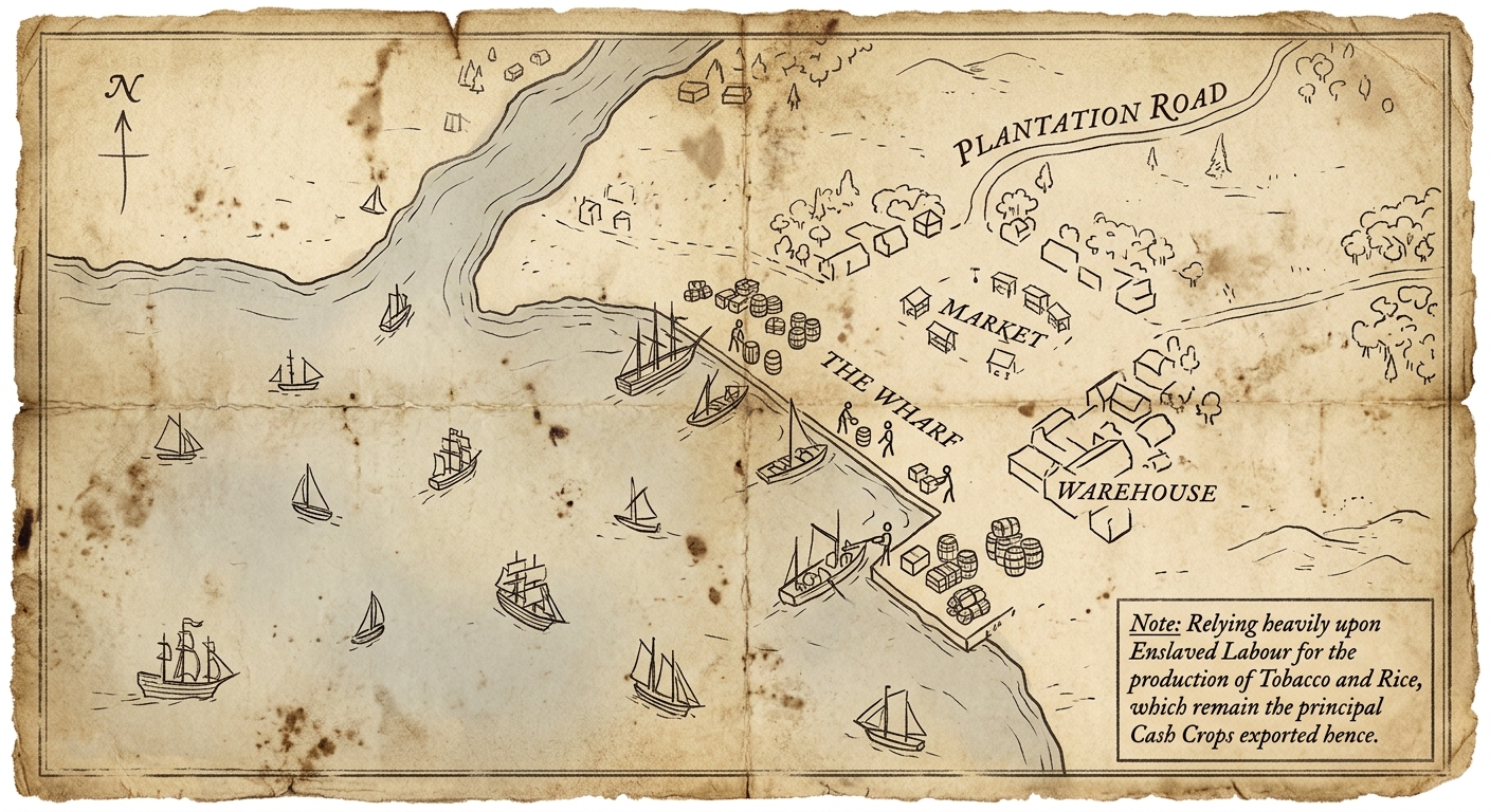 Aged parchment map of a colonial harbor and river mouth with wharves, warehouses, ships, and an inland road to plantations.