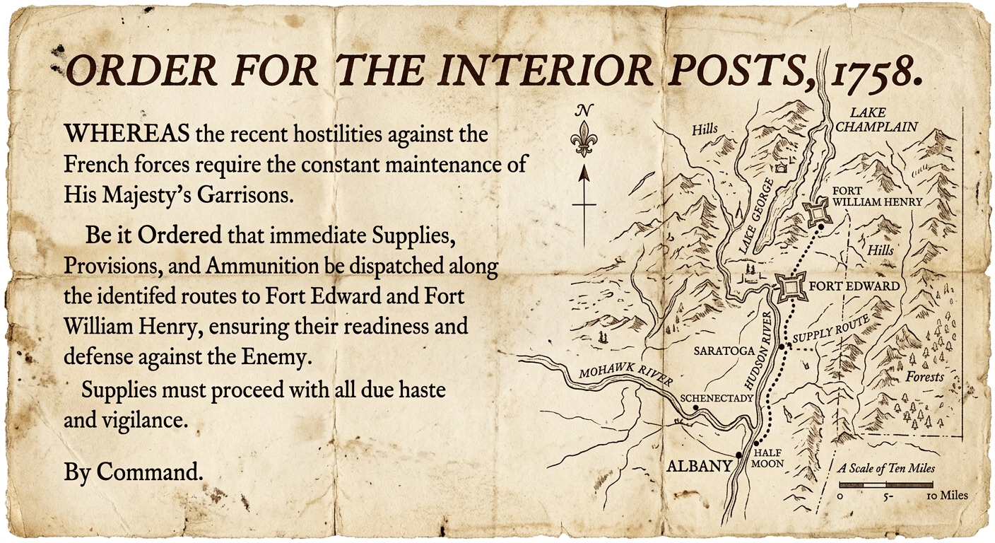 Facsimile 1758 British order with a hand-drawn map of New York waterways and supply routes to forts, including the Hudson and Mohawk Rivers and forts labeled Fort Edward and Fort William Henry.