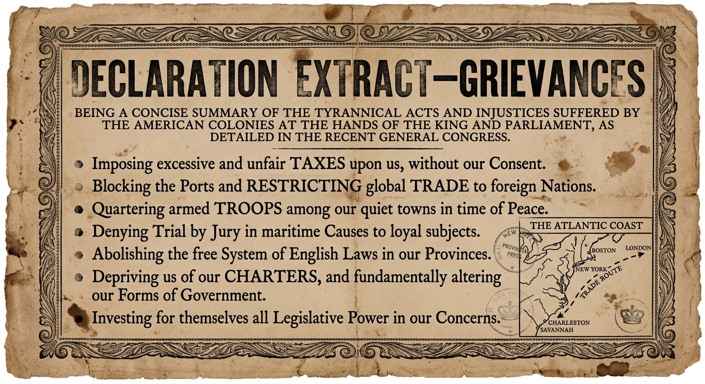 Facsimile 1776 broadside listing colonial grievances with an inset map of Atlantic ports (Boston, New York, Charleston) and a highlighted trade route to London.