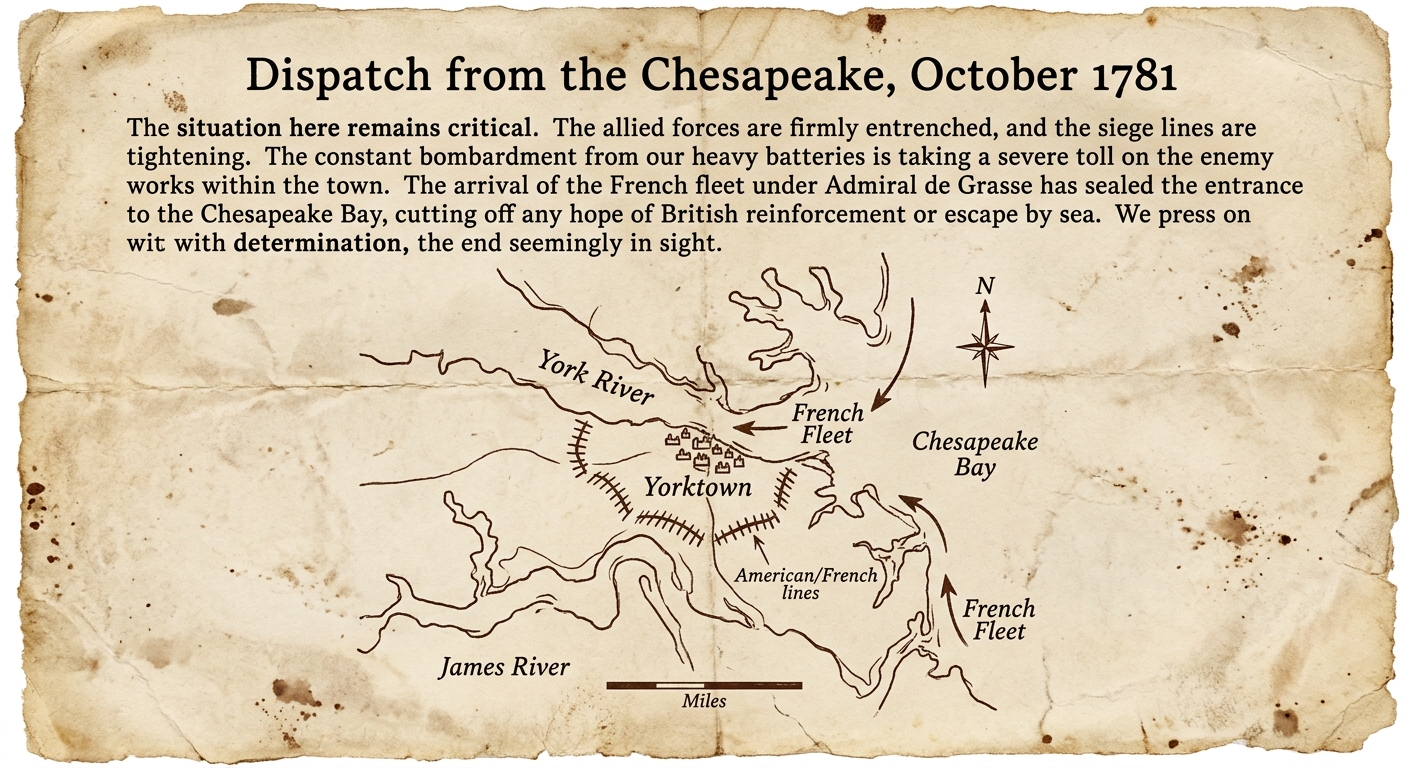 Facsimile 1781 dispatch with a map of Yorktown showing the York and James Rivers, Chesapeake Bay, siege lines, and a French fleet blockade arrow.