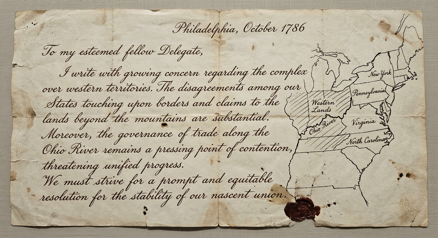 null A parchment-style handwritten letter dated October 1786 with a small ink sketch map labeled “Ohio River” and “Western Lands,” discussing disputes among states over borders, trade routes, and western land claims.