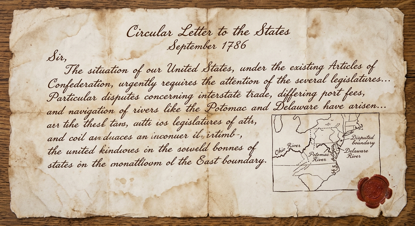 null A parchment-style circular letter dated September 1786 urging delegates to meet to revise the Articles, with a small sketch map labeling the Potomac, Delaware, and Ohio Rivers and showing a disputed state boundary line.