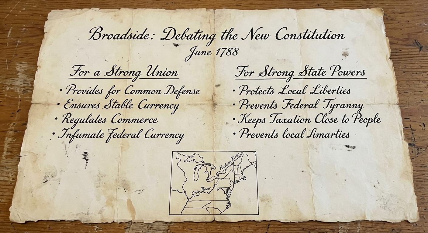 null A parchment-style 1788 broadside with two columns comparing arguments for a strong national government versus strong state powers, plus a small sketch map with a state boundary line and rivers labeled Hudson and Ohio.
