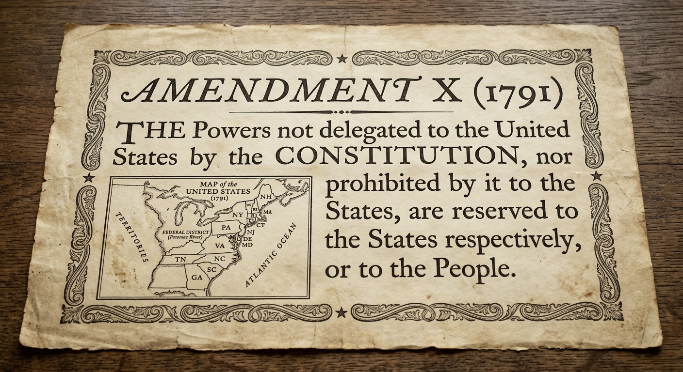 Parchment-style broadside labeled “Amendment X (1791)” with a short excerpt about powers reserved to the states, plus a small inset map of the early United States showing state boundaries and a marked federal district.