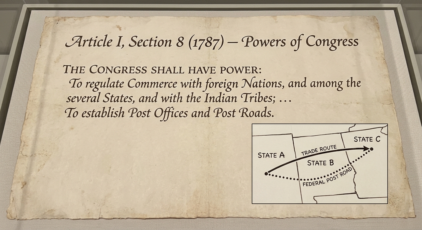 Aged-paper document titled “Article I, Section 8 (1787) — Powers of Congress” with a short excerpt about regulating interstate commerce and post roads, plus a small inset map showing three states with borders and a trade route crossing them.