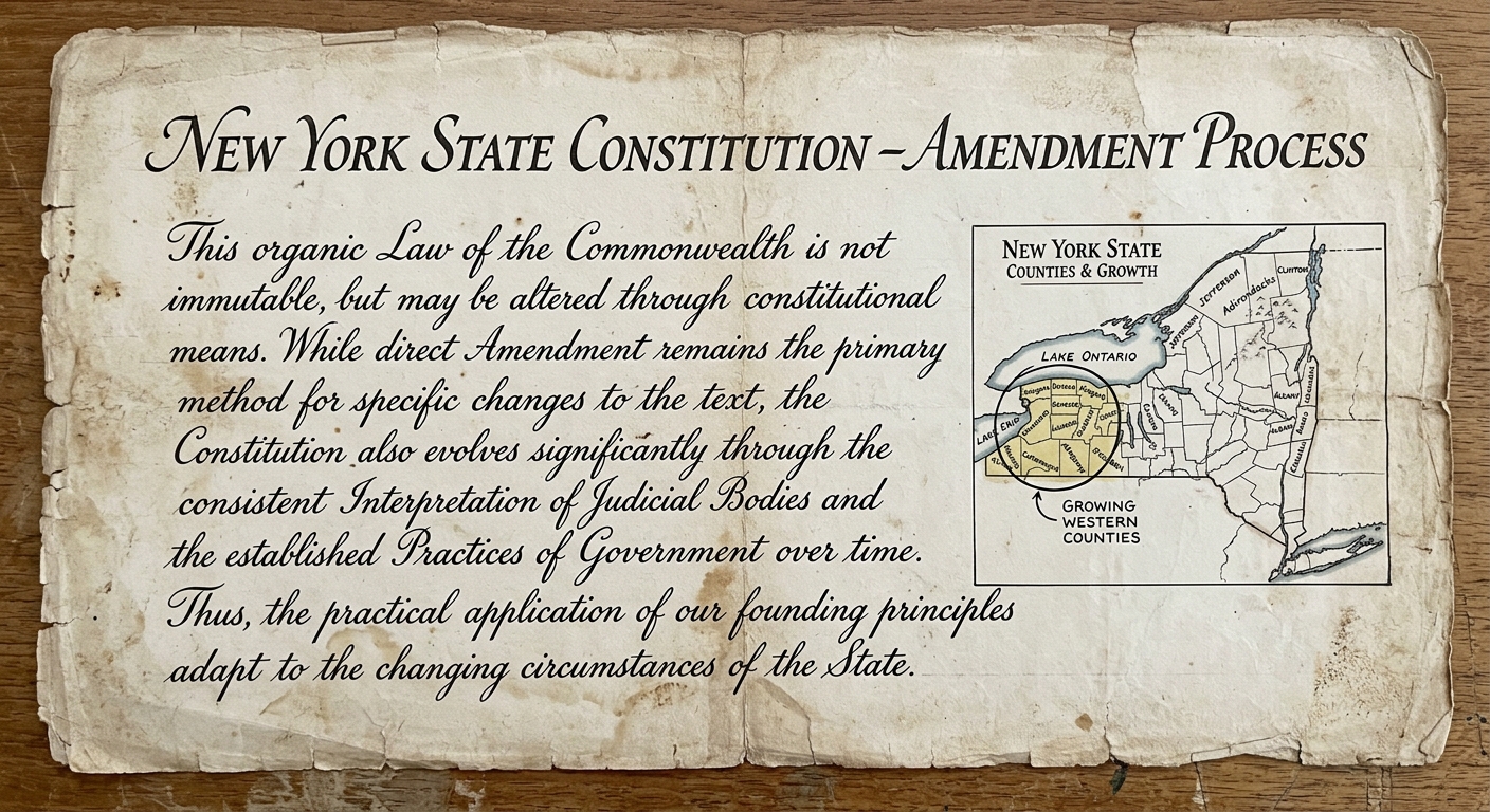 Aged-paper document titled “New York State Constitution — Amendment Process” describing ways a constitution can change, with a small inset map of New York State showing county boundaries and a highlighted western region.