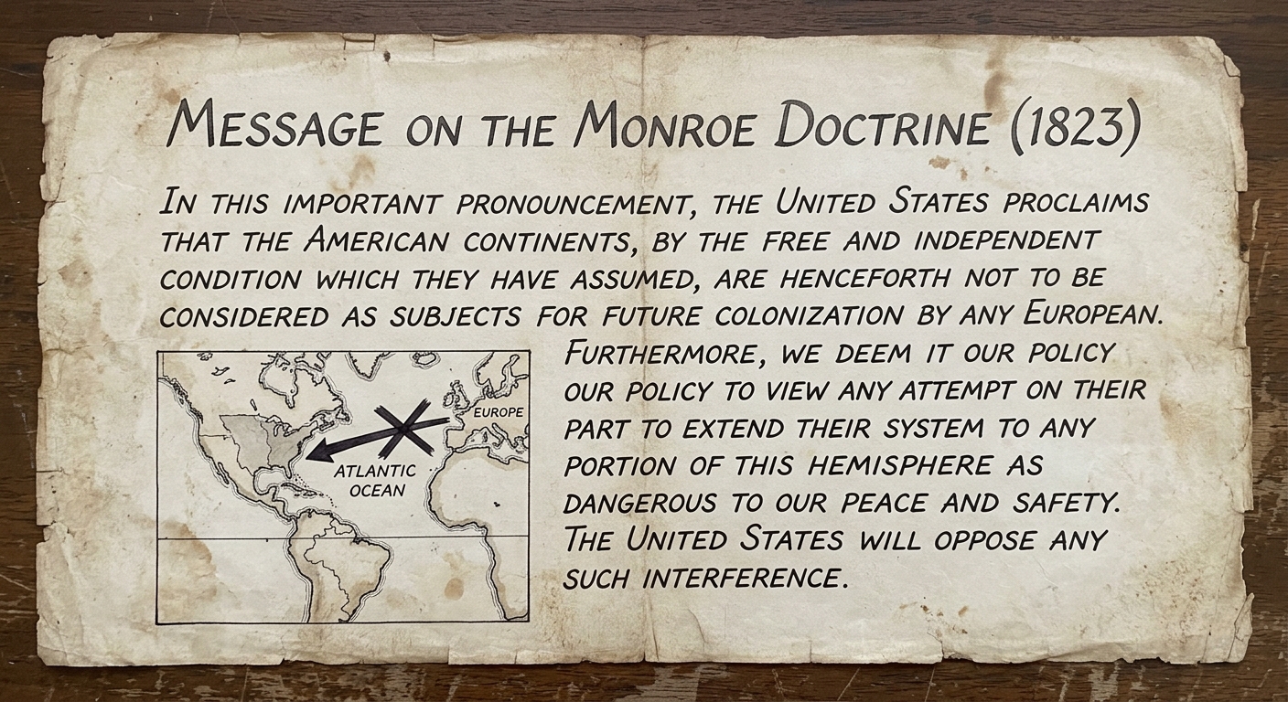 Aged-paper document titled “Message on the Monroe Doctrine (1823)” stating the U.S. would oppose European interference in the Western Hemisphere, with an inset map of the Americas and crossed-out arrows from Europe.