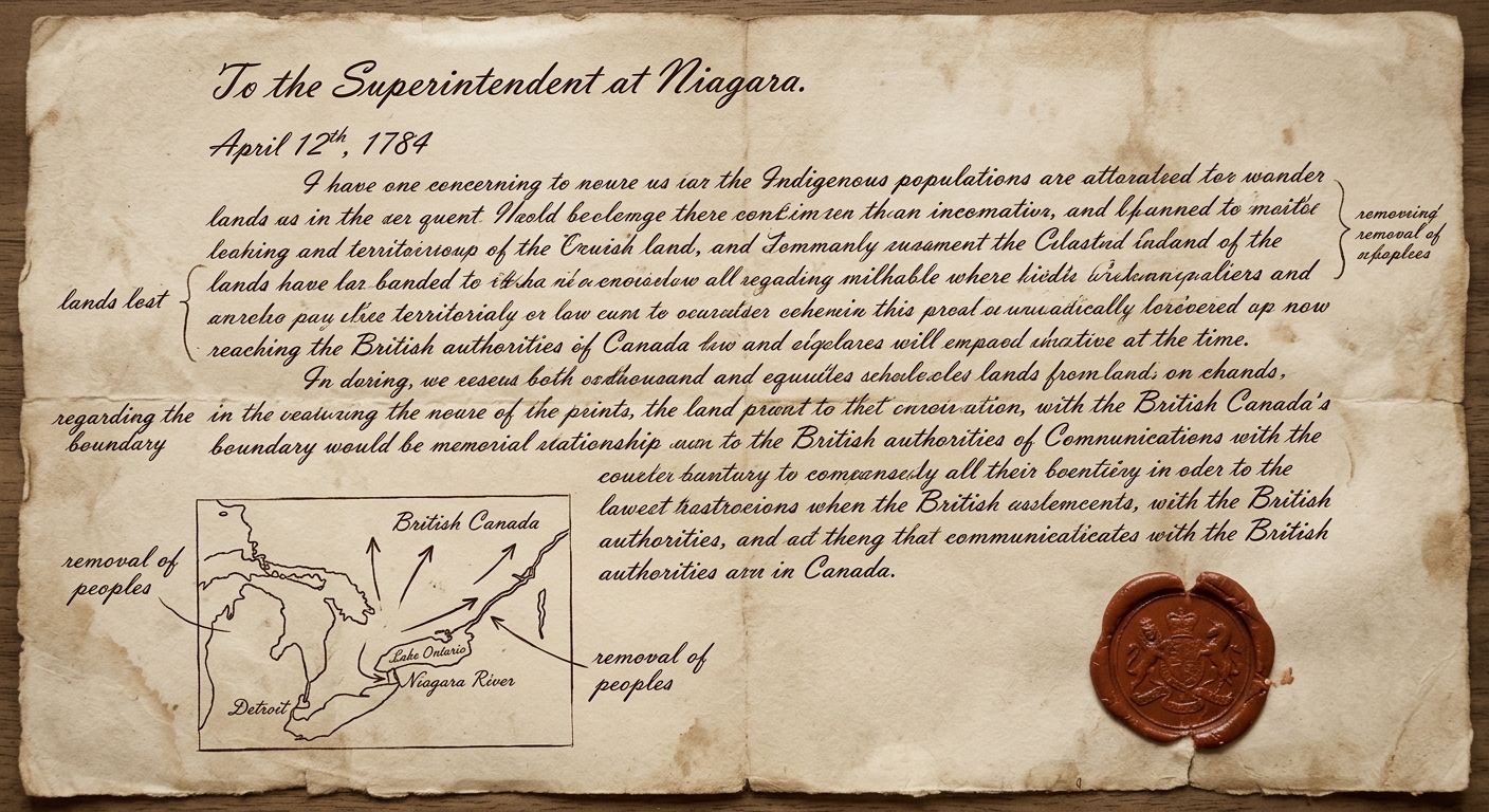 Sepia-toned 1784-style letter with a small Great Lakes map inset showing arrows toward British Canada.