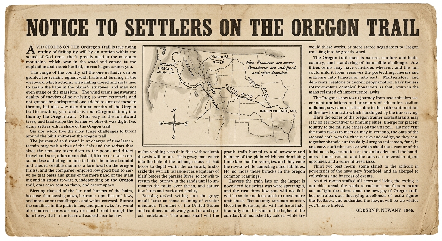 Sepia-toned 1846 broadside with a small map of the Oregon Trail route across the United States.