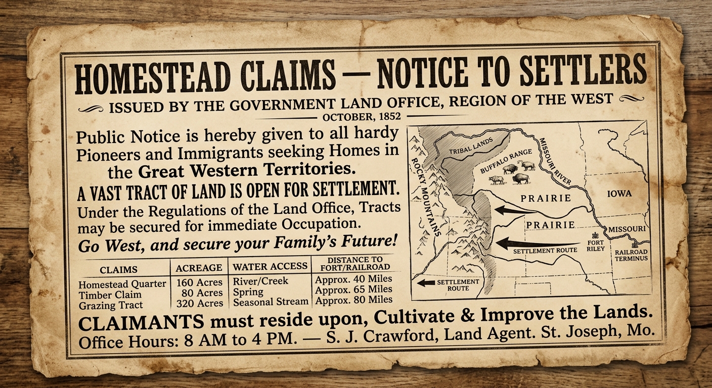 Sepia-toned 1852 land office notice with a small Great Plains map and arrows showing westward settlement.