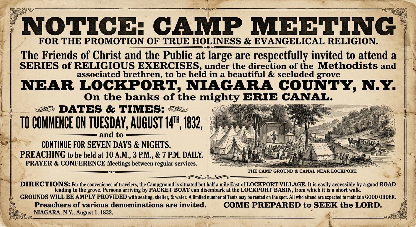 Sepia-style 1830s broadside titled “Notice: Camp Meeting,” announcing a camp meeting near the Erie Canal with dates, location, and travel directions; includes a small sketch of tents and a canal boat.