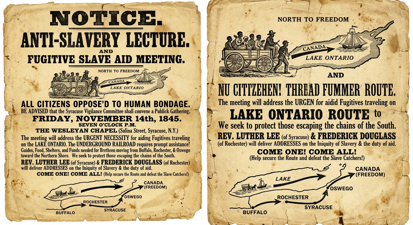 Sepia-toned 1840s anti-slavery handbill announcing a meeting in upstate New York with travel directions along Erie Canal towns and a route arrow pointing north toward Canada, with a small woodcut-style illustration.