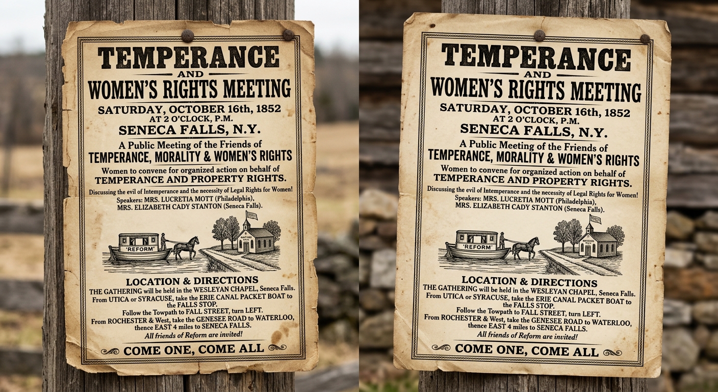 Sepia-toned 1850s broadside titled “Temperance and Women’s Rights Meeting,” with a small woodcut of a canal boat and meeting hall and travel directions along the Erie Canal between upstate New York towns.