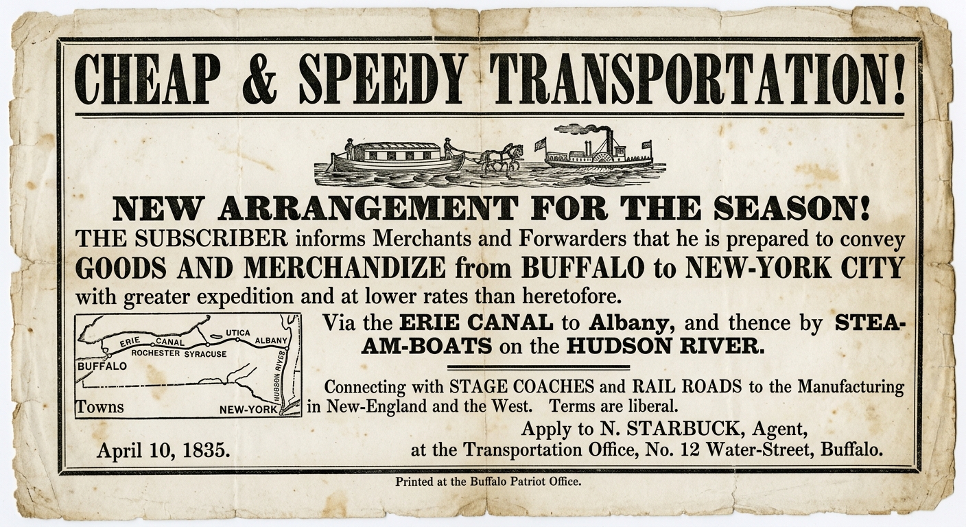 Aged black-and-white 1830s transportation broadside advertising shipping via the Erie Canal and Hudson River, with a small inset route map from Buffalo to Albany to New York City.