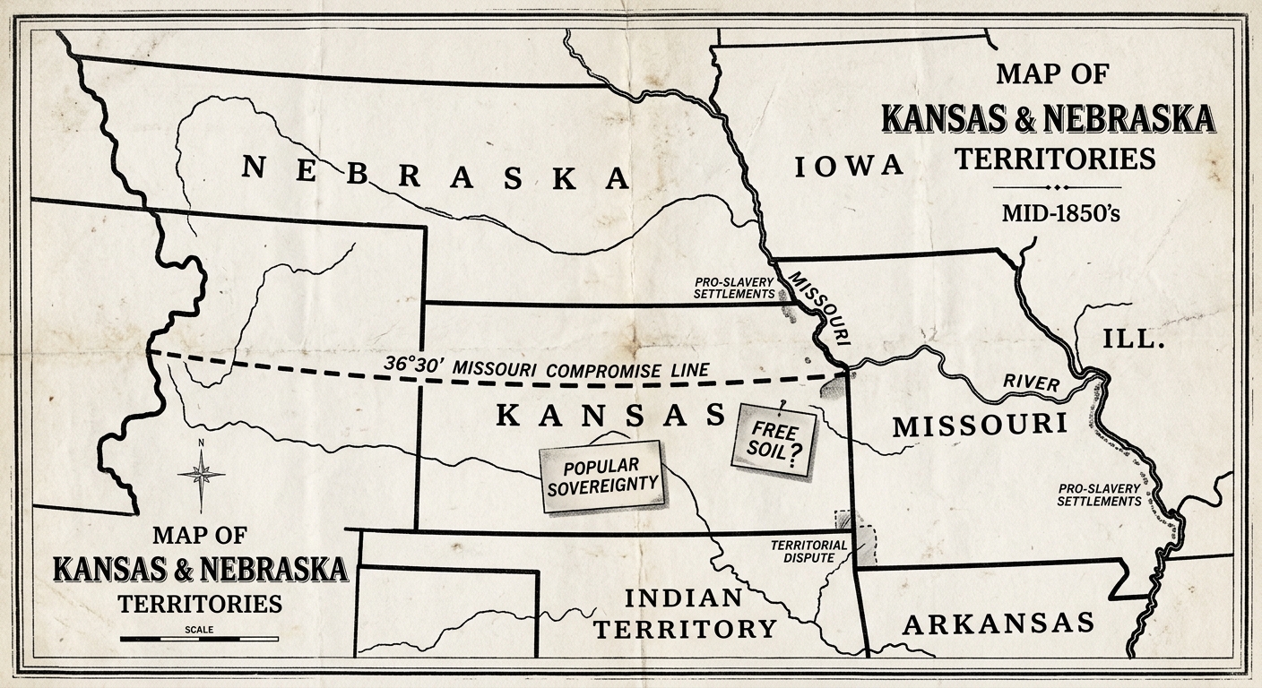 Black-and-white 1850s newspaper-style map of Kansas and Nebraska Territories showing nearby states, the Missouri River, and a dashed 36°30′ line.